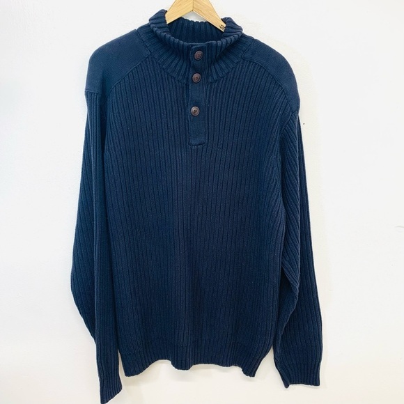 Timberland Heavy Chunky Sweater Men XL  Blue 100% Cotton Rib Thick Knit 3 Button - Picture 1 of 10